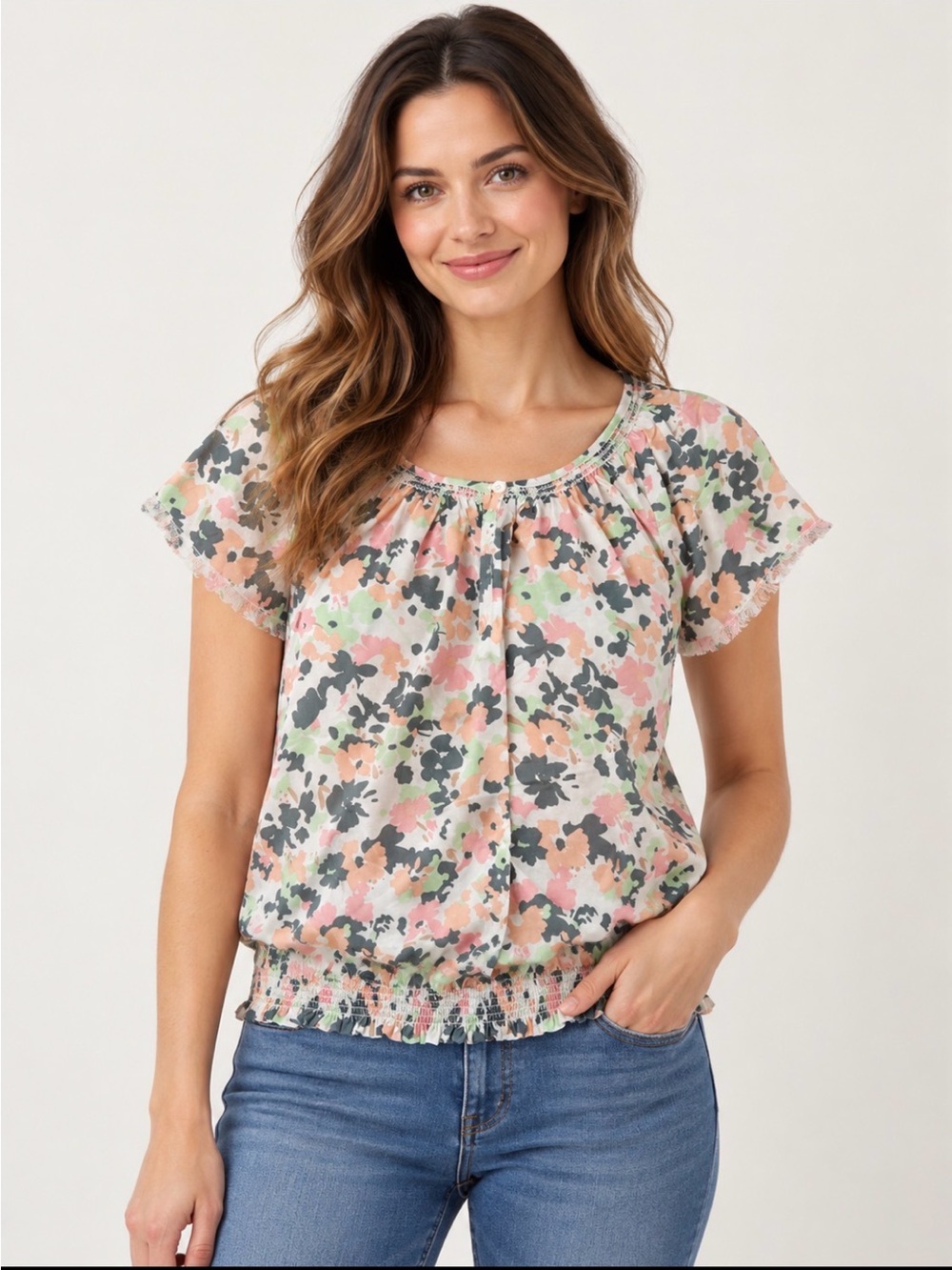 Carve Designs Pink Floral Short Sleeve Smocked-Hem Blouse